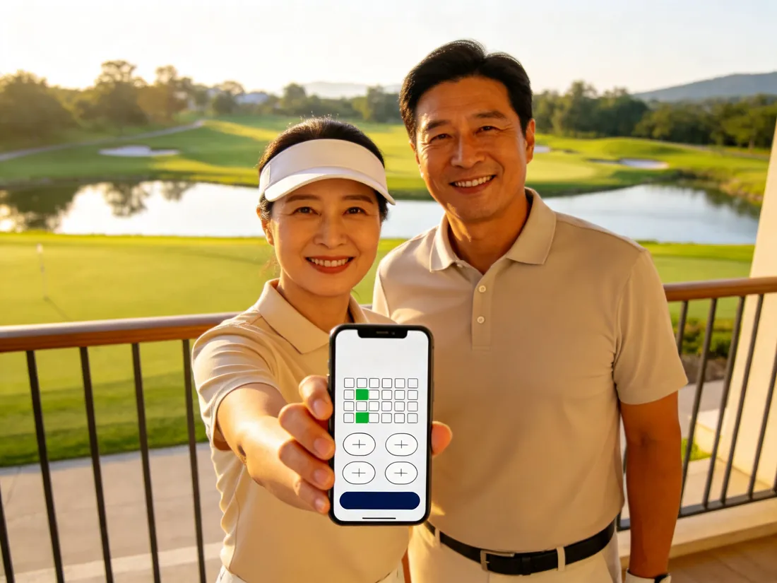 골프장 클럽하우스 테라스에서 중년 부부가 예약 달력이 뜬 휴대폰을 앞으로 내밀어 보이는 모습